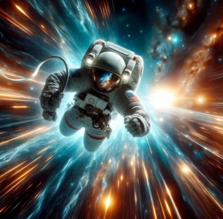 An astronaut in a spacesuit flies at breakneck speed, the speed of light, through space, symbolic