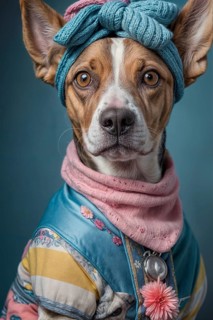 Sophisticated dog dressed in a head wrap and jacket with floral details, over grey solid studio