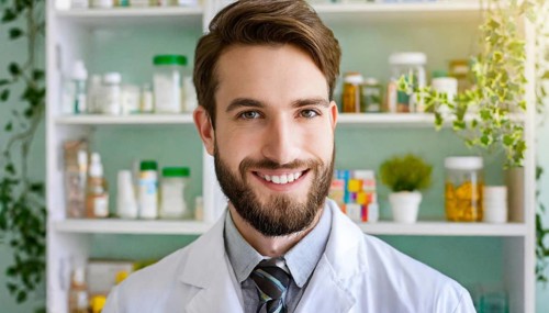 AI generated, A young pharmacist in his pharmacy, portrait, 30, 35, years, man, men, male, bearded,