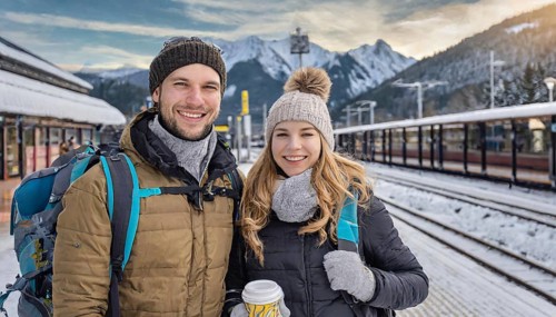 AI generated, woman, woman, man, men, A young couple wants to travel and is waiting for the train