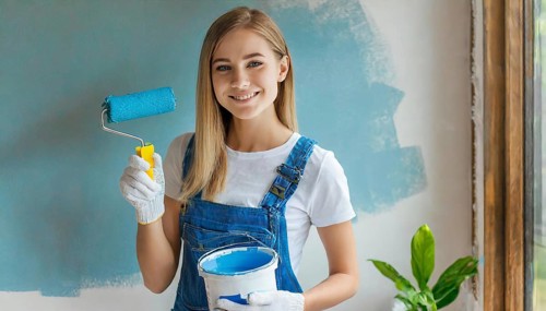 AI generated, woman, woman, a young girl paints a wall with new paint, blue, blue, renovation of