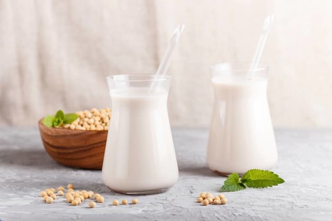 Organic non dairy soy milk in glass and wooden plate with soybeans on a gray concrete background.