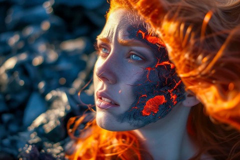 Portrait of a woman looking into the distance with lava facial texture and red hair, surrounded by