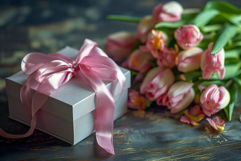 Gift Box with Pink Ribbon Beside bouquet of Fresh Tulips. Background for Valentine day, March 8,