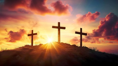 Easter concept three crosses on Golgotha Calvary hill against a dramatic sunset, AI generated