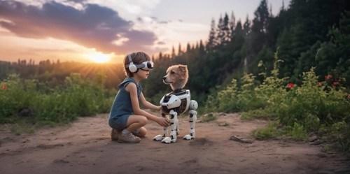 Child in VR glasses with a robot dog in nature. The concept of robotics in children's lives, AI