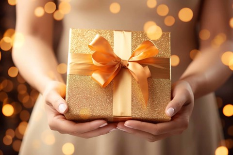 Woman's hands holding golden birthday or wedding present gift box. KI generiert, generiert AI