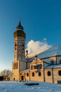 Andechs Monastery in winter, sunset, Fuenfseenland, Pfaffenwinkel, Upper Bavaria, Bavaria, Germany,