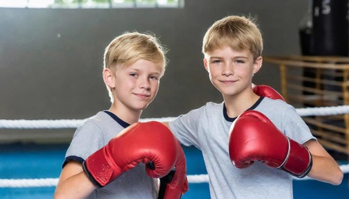 AI generated, boy, boys, 8, 10, years, Thai, sport, boxing, gloves, Thai boxing, Muay Thai, two