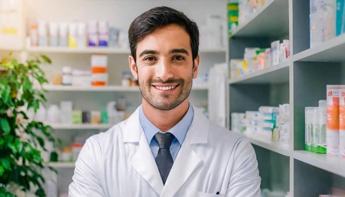 AI generated, A young pharmacist in his pharmacy, portrait, 30, 35, years, man, men, male, bearded,