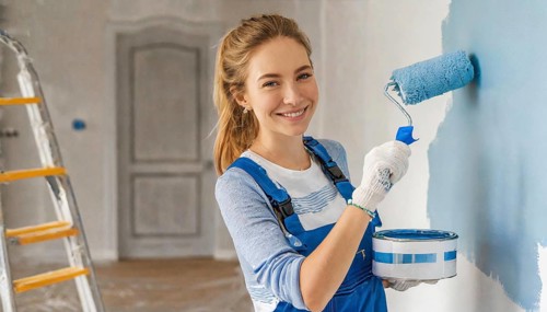 AI generated, woman, woman, a young girl paints a wall with new paint, blue, light blue, blue,