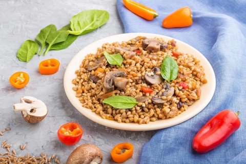 Spelt (dinkel wheat) porridge with vegetables and mushrooms on ceramic plate on a gray concrete