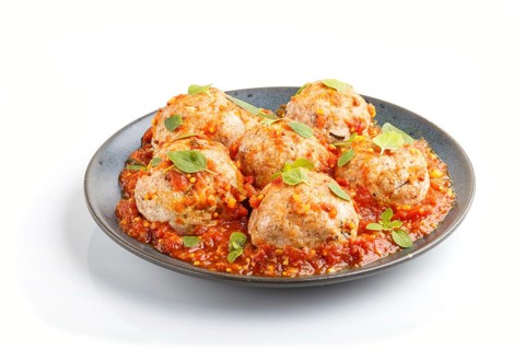 Pork meatballs with tomato sauce, oregano leaves, spices and herbs on blue ceramic plate isolated