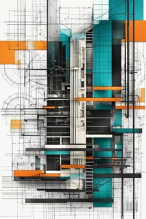 Abstract geometric artwork with overlapping architectural elements in teal and orange, vertical