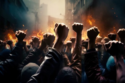 Back view of raised fists in violent riot with burning city in background. KI generiert, generiert