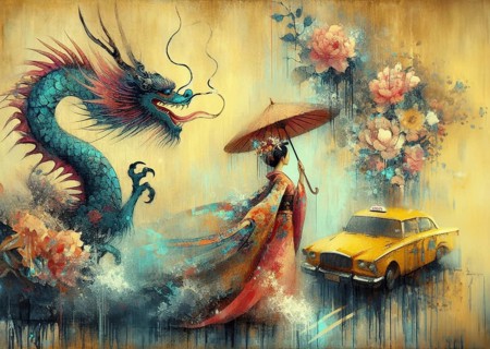 Vintage taxi beside a woman wearing traditional niponic kimono long dress, with umbrella facing a