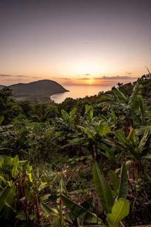 View from a mountain to a secluded bay with a sandy beach and mangrove forest. The sun rises over