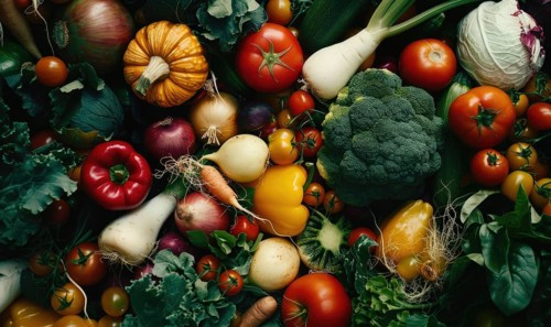 Tomatoes background. Top view of different varieties of tomatoes. Vegetables background. AI