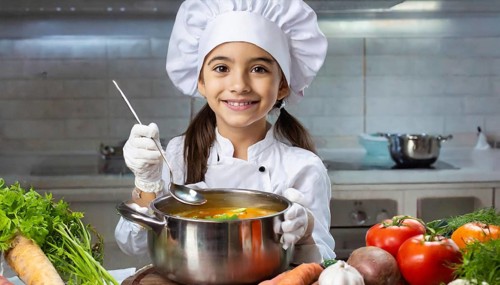 AI generated, human, humans, person, persons, child, children, 8 year old girl cooking a vegetable