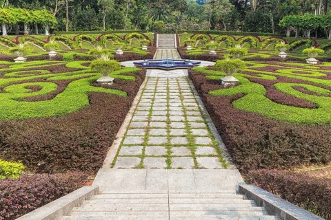 Part of a regular garden with cropped hedges and fountain