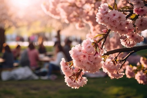 Pink sakura Cherry tree flowers with people gathering on picnic blankets in blurry background