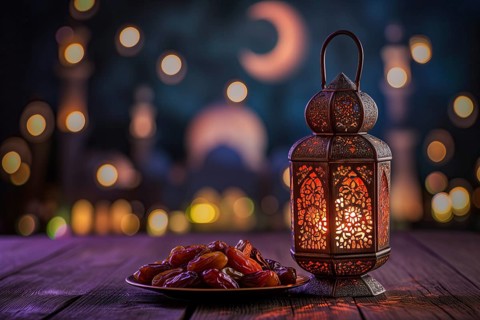 Ramadan lantern with a plate of succulent figs in violet purple tones with mosque and moon, set on