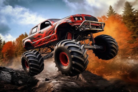 Monster truck driving and jumping outdoors amidst a cloud of dust. Thrill and adrenaline of an