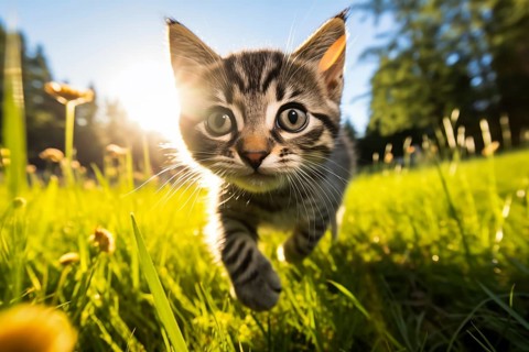 Playful Cute Kitten outdoors in Sunlit Grass. Kitten excitement and wonder as it explores the