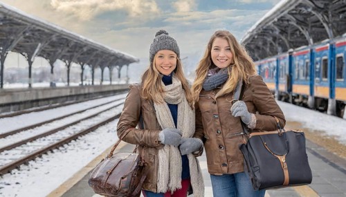 AI generated, Two young blonde woman want to travel and wait for the train at the station, 20, 25,