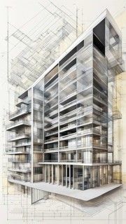Transparent architectural rendering of a modern building, detailed in grayscale, vertical aspect