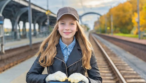 AI generated, A young blonde woman wants to travel and waits for the train at the station, 20, 25,