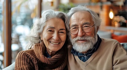 An elderly couple smiling warmly, dressed in cozy sweaters, radiating affection, ai generated, AI