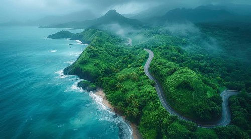 Aerial view of a winding road along a foggy coastline with lush green cliffs and ocean, ai