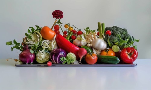 Vegetables in a tray on a white table in the kitchen. AI generated