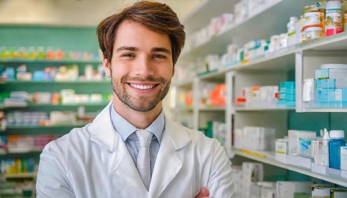 AI generated, A young pharmacist in his pharmacy, portrait, 30, 35, years, man, men, male, bearded,