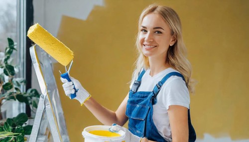 AI generated, woman, woman, a young girl paints a wall with new paint, yellow, yellow, renovation