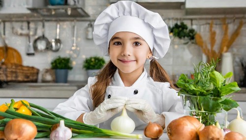 AI generated, human, humans, person, persons, child, children, 8 year old girl cutting onions in a