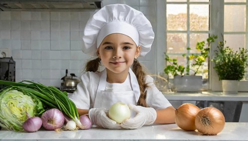 AI generated, human, humans, person, persons, child, children, 8 year old girl cutting onions in a