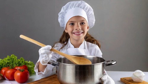 AI generated, human, humans, person, persons, child, children, 8 year old girl cooking a vegetable