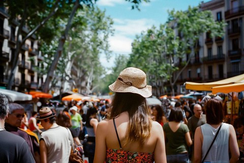 Tourist woman walking along Las Ramblas in Barcelona in Catalonia in Spain, AI generated