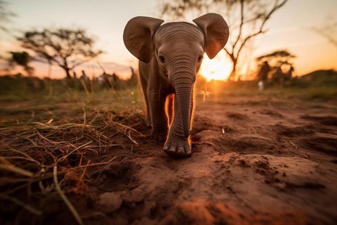 Baby elephant walking majestically against the backdrop of a golden sunset, AI generated