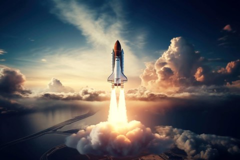 Aerial view of a rocket shuttle carrier launch at sunrise over an ocean coast. The rocket is