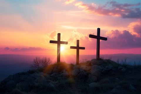 Easter concept three crosses on Golgotha Calvary hill against a dramatic sunset, AI generated