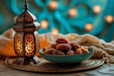 Ramadan lantern with a plate of succulent figs, set on an ornate table with intricate designs,