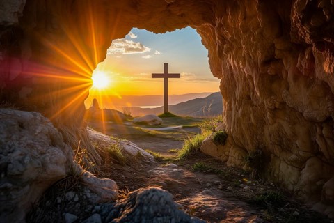 Easter concept cross on Golgotha Calvary hill against a dramatic sunset seen from open tomb of