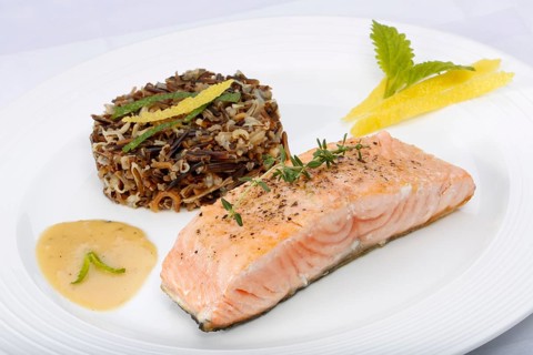 Southern German cuisine, fillet of Dreisam salmon with wild rice and lemon sauce, salmon fillet,
