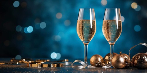 Banner with two New Year celebration Champagne glasses and paper streamers. KI generiert, generiert