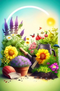 Illustrated cheerful garden scene with bright flowers and a watering can, Spring garden background