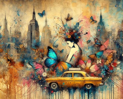 Stylized scene with a woman surrounded by butterflies near a vintage taxi against a city skyline,