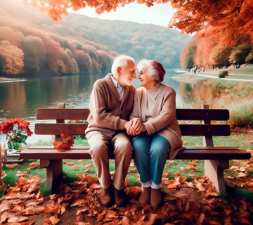 An elderly couple, old lovers sit hand in hand on a park bench and look at each other tenderly, AI